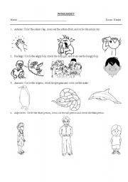 English worksheet: actions, feelings, animals, adjectives