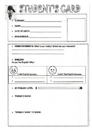 English Worksheet: Students card to fill in