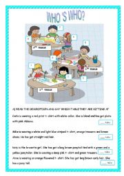 English Worksheet: Who is who? / Clothes- present continuous/ describing people
