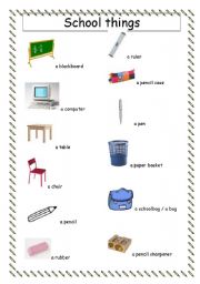 English worksheet: School things handout