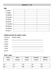 English Worksheet: Numbers 11 to 20