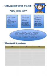 English Worksheet: Telling the time using IN, ON,AT