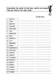 English Worksheet: Days, Months, Seasons - Unscramble the words!