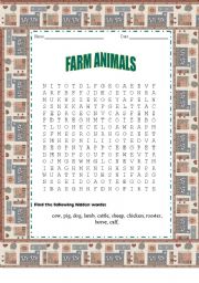English Worksheet: FARM ANIMALS WORDSEARCH