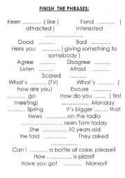 English worksheet: Finish phrases  - prepositions and other