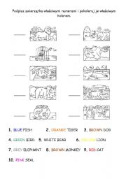 English Worksheet: number and colour the animals