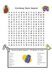 English Worksheet: Clothing Wordsearch