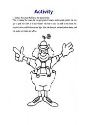 English worksheet: The clown has got.... revision of colors, part of the body...