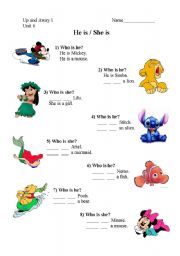 English Worksheet: He is  / She is with Disney