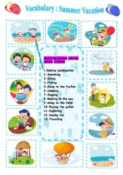 English Worksheet: Vocabulary  ;  My Summer Vacation