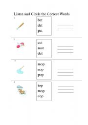 English worksheet: listen, circle and write