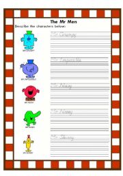 English Worksheet: Describe the Mr Men!!! Describe Character Traits and Physical Appearance with this Wonderful Worksheet (Writing Lines included)