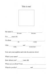 English worksheet: This is me!