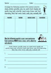 English worksheet: Nouns, Verbs, Adjectives and Adverbs