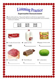 English Worksheet: Listening Practice:  Supermarket Announcement