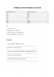 English worksheet: Subject pronouns/object pronouns