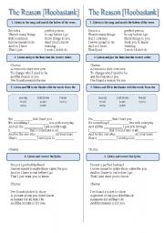 English Worksheet: Song!!! The Reason [Hoobastank] - Printer-friendly version included