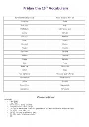 English worksheet: Friday 13th Vocabulary and Dialogues