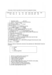 English worksheet: Quiz on Homonymns, Verbs, and Syllable Stress