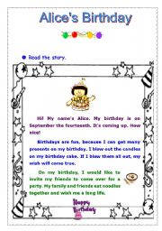 English Worksheet: Alices Birthday