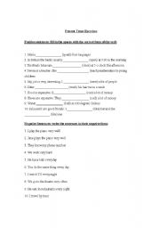 English worksheet: Present Tense Formation: Positve, Negative and Question Forms