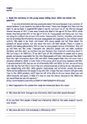English Worksheet: Reading - A young womans opinion about AIDS