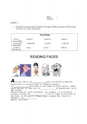 English worksheet: FILLING THE BLANK FOR   READING FACES TEXT