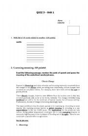 English worksheet: READING WORKSHEET - CLIMATE CHANGE