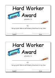 English Worksheet: Hard Worker Award