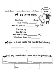 English Worksheet: baa baa black sheep activity page