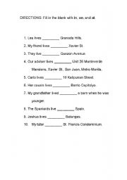 English worksheet: Use of the phrase live at/live in/live on