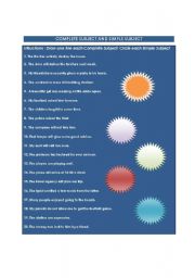 English Worksheet: COMPLETE SUBJECT AND SIMPLE SUBJECT Exercise + Keys