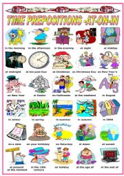 English Worksheet: TIME PREPOSITIONS -AT - ON - IN -PICTIONARY (B&W VERSION INCLUDED)