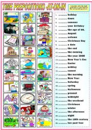 English Worksheet: TIME PREPOSITIONS - AT - ON - IN -MATCHING EXERCISE (B&W VERSION INCLUDED)
