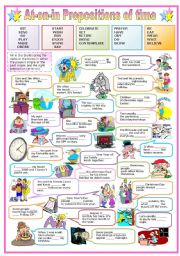 TIME PREPOSITIONS - AT - ON - IN + PRESENT SIMPLE-PAST SIMPLE (B&W VERSION INCLUDED)