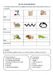 English worksheet: Pets and Characteristics