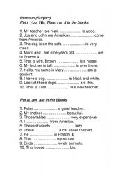 English worksheet: subject and verb to be