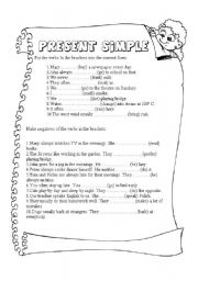 English Worksheet: present simple exercises 2 pages- AFFIRMATIVE NEGATIVE AND QUESTIONS