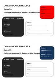 English worksheet: Communication Practice - Exchanging personal information - numbers