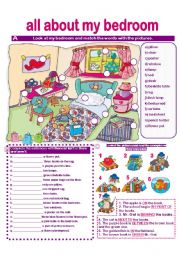 English Worksheet: BEDROOM VOCABULARY- MATCHING- THERE IS/ARE-ISNT/ARENT-PREPOSITIONS-SPEAKING ACTIVITY-WRITING ACTIVITY- answer key provided.