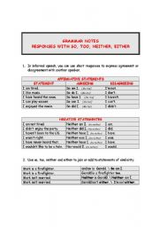 English Worksheet:  RESPONSES WITH SO, TOO, NEITHER, EITHER