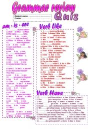 English Worksheet: Quiz - Review of verbs (am-is-are, like and have)