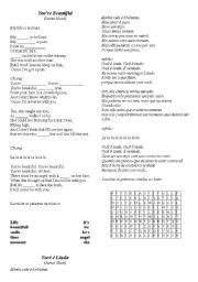 English worksheet: Song You are Beautifull I James Blunt) and Crossword