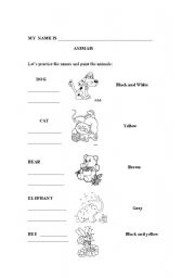 English worksheet: Animals and colors