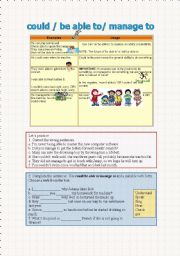 English Worksheet: could/ be able to / manage to