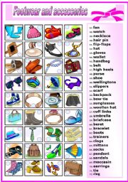 English Worksheet: FOOTWEAR AND ACCESSORIES -MATCHING (B&W VERSION INCLUDED)