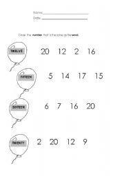 English worksheet: Numbers - 11 to 20