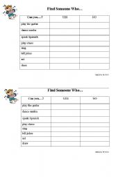 English worksheet: FIND SOMEONE WHO - ABILITIES