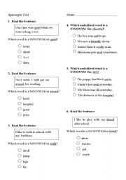 English Worksheet: Synonym Test: 2nd Grade