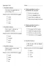 English worksheet: Synonym Test: 2nd Grade